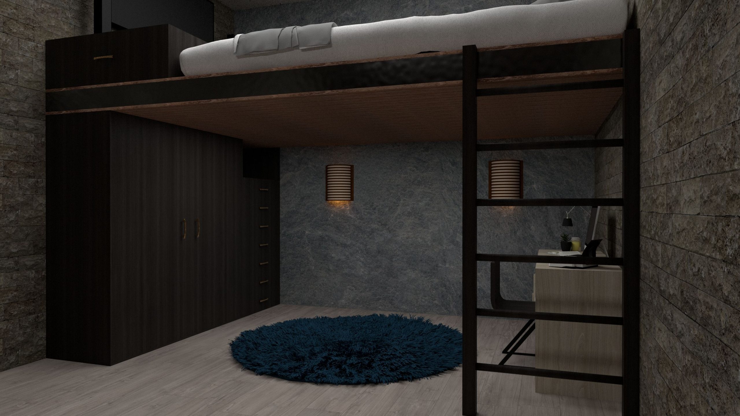 Chambre loft moderne avec mobilier multifonctionnel